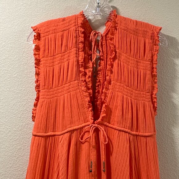 FREE PEOPLE "Antoinette" Deep V Sleeveless Baby Doll Boho Mini Dress, Orange - L - Picture 3 of 12